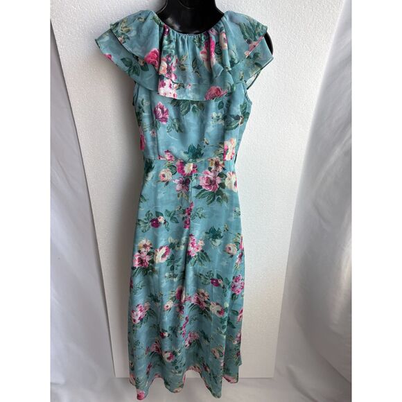 FabAlley Georgette A Line Maxi Casual Dress Size S Feminine Romantic Blue Floral - Picture 6 of 13